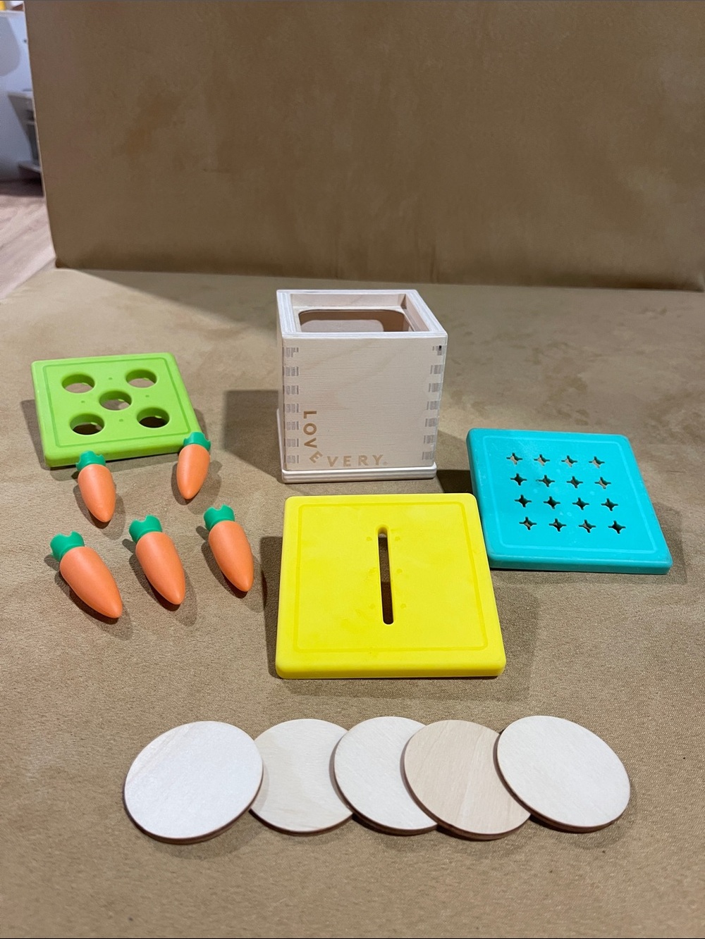 Lovevery Wooden Bank and coins